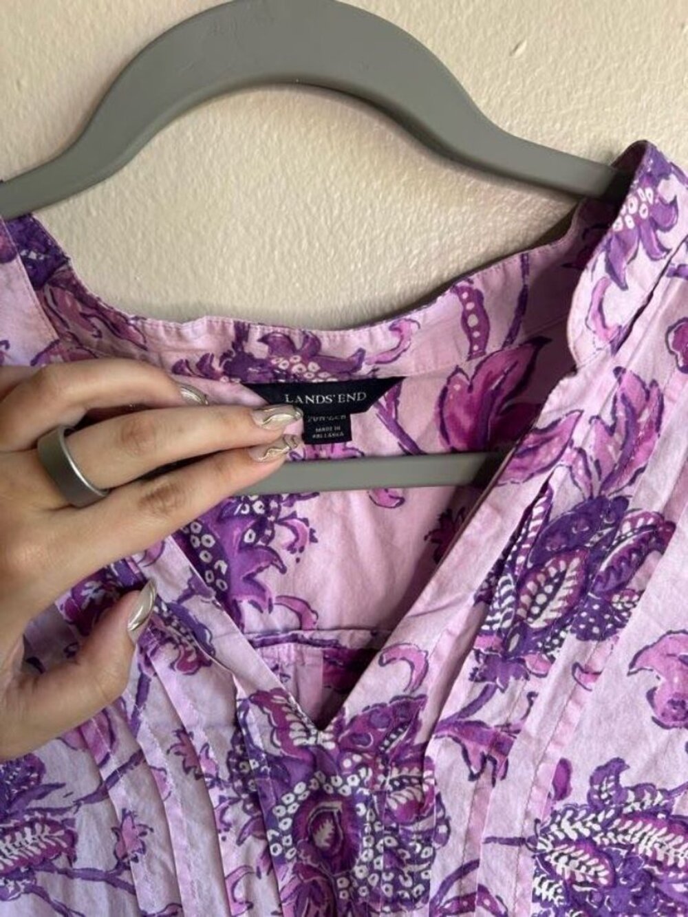 Lands End Top Womens 2X Popover Purple Floral Lightweight Cotton Pintuck Pleat - Picture 6 of 10